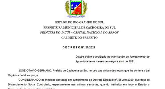 Decreto proíbe corte de água nos meses de março e abril em Cachoeira