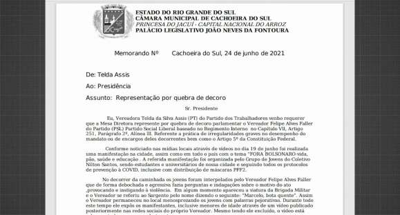 Telda Assis denuncia Felipe Faller por quebra de decoro