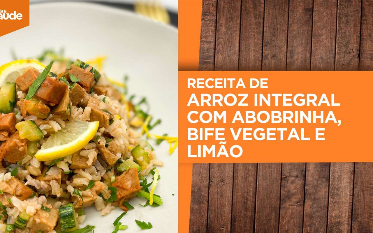 Arroz integral com abobrinha, bife vegetal e limão